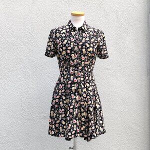 Elizabeth and James Silk Black Floral Print Fit & Flare Mini Shirt Dress Size 4